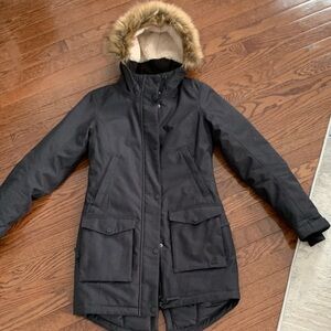 Women's Black Hooded Winter Jacket with Faux Fur Trim